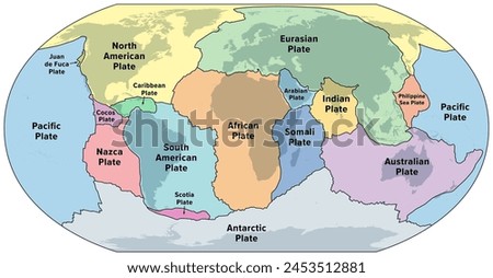 Principal tectonic plates of the Earth, world map. The sixteen major pieces of crust and uppermost mantle of the Earth, called the lithosphere, and consisting of oceanic and continental crust. Vector