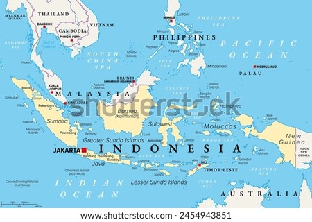 Indonesia, a country in Southeast Asia and Oceania, political map. Republic and archipelago with capital Jakarta, and the largest islands Sumatra, Java, Sulawesi, and parts of Borneo and New Guinea.