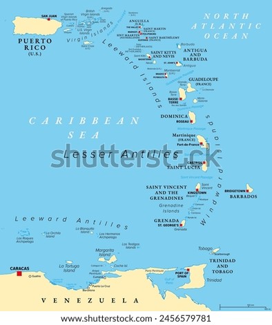 Eastern Caribbean islands, political map. Puerto Rico, Virgin Islands, Leeward and Windward Islands, and part of the Leeward Antilles north the coast of Venezuela, all located in the Caribbean Sea.