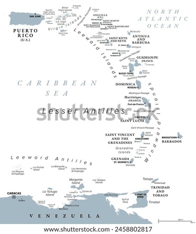 Eastern Caribbean islands, gray political map. Puerto Rico, Virgin Islands, Leeward and Windward Islands, and part of the Leeward Antilles north the coast of Venezuela, located in the Caribbean Sea.