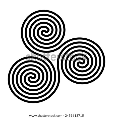 Triskelion, Neolithic triple-spiral symbol. Also known as triskele, an ancient motif of a triple spiral volute, exhibiting rotational symmetry, Archimedean spirals of two arms, seamlessly conjoined.