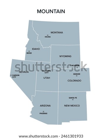 mountain, states, mountain states, west, division, united states, region, map, subdivision, census, state, western, USA, US, arizona, colorado, idaho, montana, nevada, new mexico, utah, wyoming, ameri