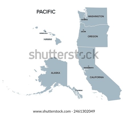 Pacific states, the West Coast of the United States, gray political map. United States Census division of the West region, consisting of the states Alaska, California, Hawaii, Oregon, and Washington.