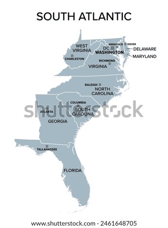 South Atlantic states, gray political map. United States Census division of South region. Delaware, Florida, Georgia, Maryland, North and South Carolina, Virginia, Washington, D.C., and West Virginia.