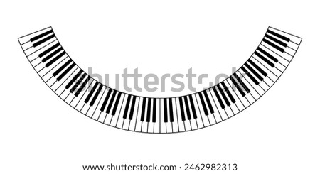 Curved piano keyboard, arch of a musical keyboard with eight octaves, in the shape of a smile. Bent and semicircle black and white keys of a piano keyboard. Isolated illustration. Vector.