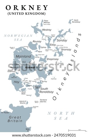 Orkney or Orkney Islands, gray political map. Archipelago of about 70 islands in the Northern Isles of Scotland, situated off the coast of the island of Great Britain, with Mainland as largest island.