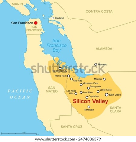 Silicon Valley, a region in Northern California, political map. Global center for high technology and innovation in the United States, located in the southern part of the San Francisco Bay Area. 