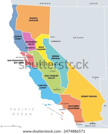 California, major regions, political map. State in the Western United States with capital Sacramento, lying on the Pacific Coast. Valleys, coast regions, San Francisco Bay Area and the desert region.