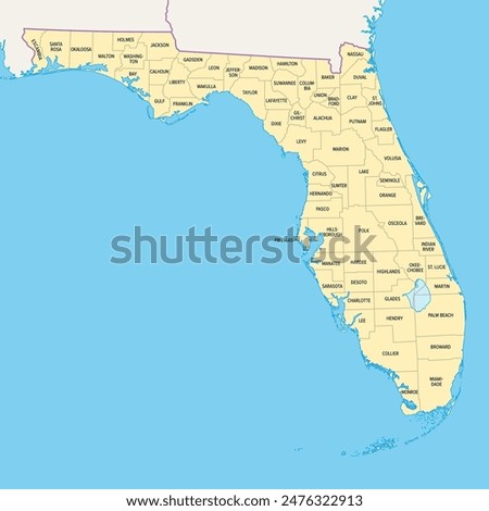 Florida state counties, political map. Florida, a state in the Southeastern region of the United States, subdivided into 67 counties. Map with boundaries and county names. Illustration. Vector