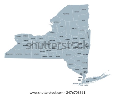 New York State counties, gray political map. New York, a state of the Northeastern United States, one of the Mid-Atlantic states, subdivided into 62 counties. Map with boundaries and county names.