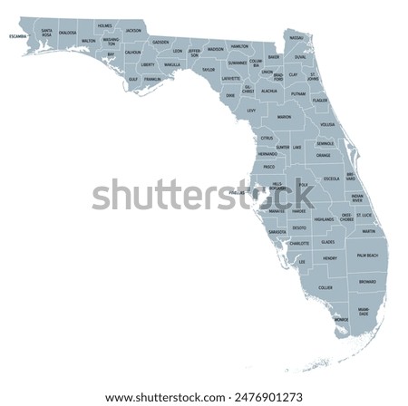 Florida state counties, gray political map. Florida, a state in the Southeastern region of the United States, subdivided into 67 counties. Map with boundaries and county names. Illustration. Vector