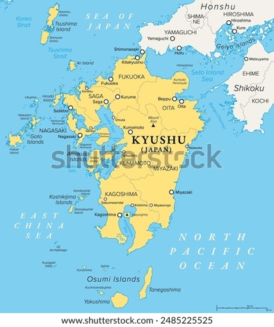 Kyushu island and northern part of the Kyushu region in Japan, political map with prefectures. One of the four major islands of Japan, southwest of Honshu and Shikoku, separated by Seto Inland Sea.