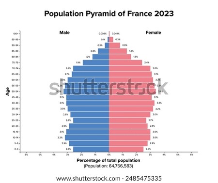 Population pyramid of France 2023. Age structure diagram and graphical illustration of the distribution of aömost 65 million people, divided into females and males, quoted in percent and 4-year steps.