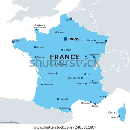 Metropolitan France, political map with capital Paris. Area of European France, which is geographically in Europe, compromising the mainland, Corsica and nearby French islands in the Atlantic Ocean.