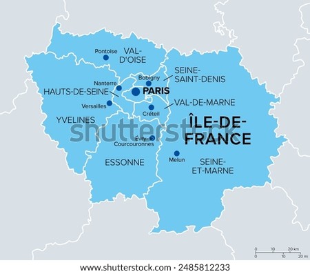 Ile-de-France, departments and prefectures of the Paris Region, political map. Most populous of the regions of France, centered on the capital Paris, located in the north-central part of the country.