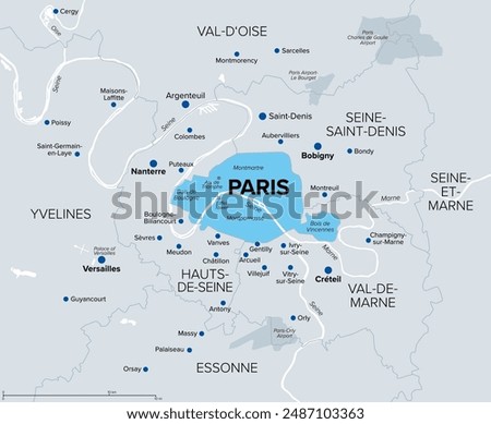 Paris, department and capital of France, political map. Part of Ile-de-France, with Petite Couronne, the inner ring, formed by 3 departments bordering Paris, forming a geographical crown around it.