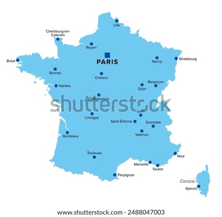 Metropolitan France silhouette, political map with capital Paris and large cities. Area of European France, geographically in Europe, compromising the mainland, Corsica and nearby French islands.