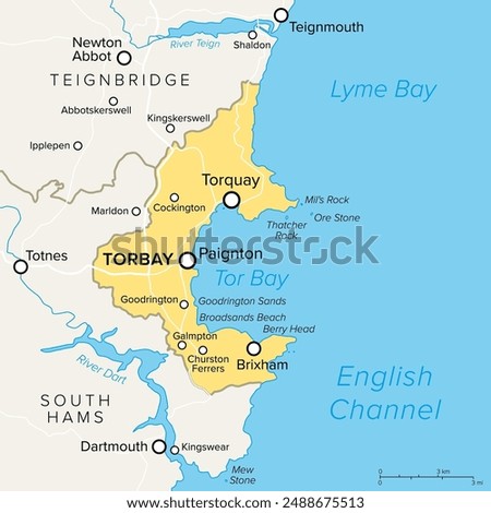 English Riviera in Torbay, England, political map. Geopark and popular tourist destination around the Tor Bay on the English Channel, with the towns Torquay, Paignton and Brixham, in the county Devon.