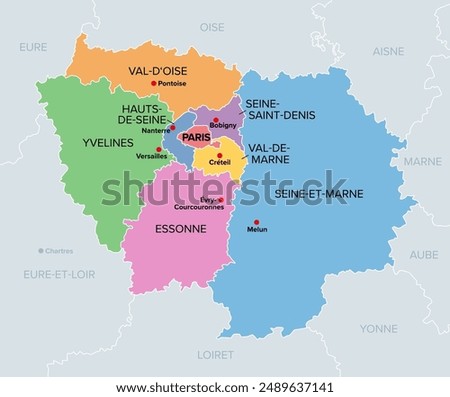 Ile-de-France, departments and prefectures of the Paris Region, multi colored political map. Most populous region of France, centered on the capital Paris, located in the countries north-central part.