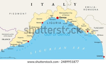 Liguria and the Italian Riviera, the Ligurian Riviera, political map. Region of north-western Italy, with capital Genoa. A narrow coastal strip between Ventimiglia and La Spezia, on the Ligurian Sea.