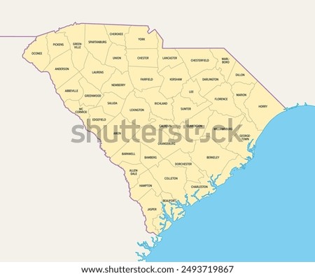 South Carolina counties, political map with borders and county names. State in the Southeastern region of the United States, subdivided into 46 counties. Nicknamed The Palmetto State. Illustration