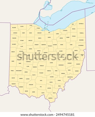 Ohio counties, political map with borders and county names. State in the Midwestern region of the United States, subdivided into 88 counties. Nicknamed Buckeye State, and Heart Of It All. Illustration