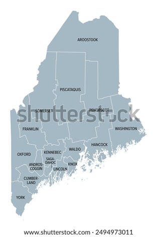 Maine counties, gray political map with borders and county names. State in the New England region of the United States, subdivided into 16 counties. Nicknamed Pine Tree State, or also Vacationland.