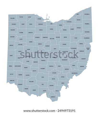 Ohio counties, gray political map with borders and county names. State in the Midwestern region of the United States, subdivided into 88 counties. Nicknamed Buckeye State, and Heart Of It All.