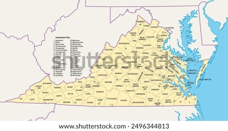 Virginia counties and cities, political map. Commonwealth of Virginia, a state in the Southeastern and Mid-Atlantic regions of the United States, subdivided into 95 counties and 38 independent cities.