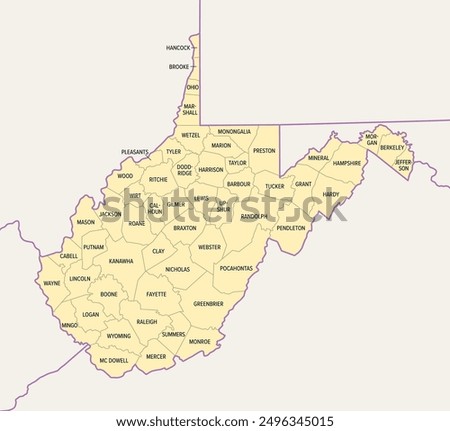 West Virginia counties, political map with borders and county names. Landlocked state in the Southeastern and Mid-Atlantic regions of the United States, subdivided into 55 counties. Illustration