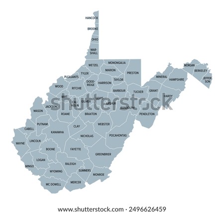 West Virginia counties, gray political map with borders and county names. Landlocked state in the Southeastern and Mid-Atlantic regions of the United States, subdivided into 55 counties. Illustration