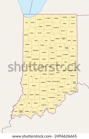 Indiana counties, political map. State in the Midwestern region of the United States, subdivided into 92 counties. Nicknamed The Hoosier State. Map with borders and county names. Illustration