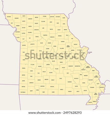 Missouri, subdivided into 114 counties and the independent city St. Louis, political map. State in the Midwestern region of United States, nicknamed Show Me State, Cave State, and Mother of the West.