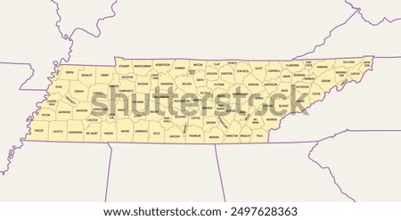 Tennessee, subdivided into 95 counties, political map with borders and county names. Landlocked state in the Southeastern region of the United States, nicknamed The Volunteer State. Illustration