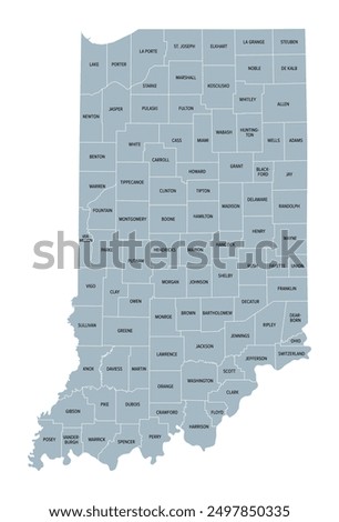 Indiana counties, gray political map. State in the Midwestern region of the United States, subdivided into 92 counties. Nicknamed The Hoosier State. Map with borders and county names. Illustration