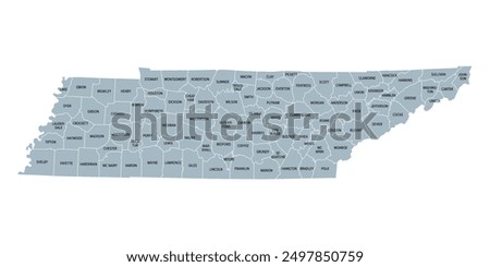 Tennessee, subdivided into 95 counties, gray political map with borders and county names. Landlocked state in the Southeastern region of the United States, nicknamed The Volunteer State. Illustration