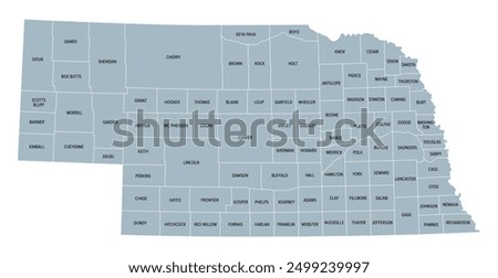 Nebraska, U.S. state, subdivided into 93 counties, gray political map with borders and county names. Triply landlocked state in the Midwestern region of United States, nicknamed The Cornhusker State.