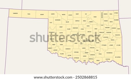 Oklahoma, U.S. state, political map with borders and county names. State in the South Central region of the USA, subdivided into 77 counties. Native America, Land of the Red Man, and Sooner State.