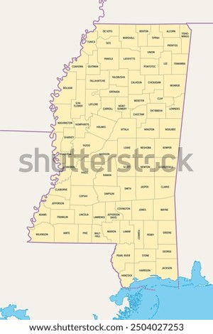 Mississippi, U.S. state, political map with borders and county names. State in the Southeastern region of the United States, subdivided into 82 counties. Nicknamed The Magnolia and Hospitality State.