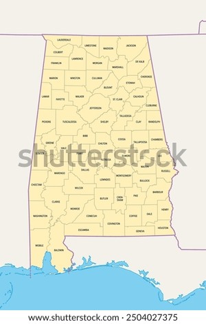 Alabama, U.S. state, political map with borders and county names. State in the Southeastern region of United States, subdivided into 67 counties. Nicknamed The Yellowhammer State, and Heart of Dixie.