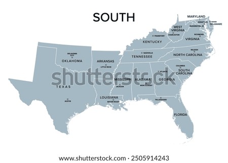 South, census region of the United States of America, gray political map of census region 3, consisting of 13 single states and the District of Columbia. Map with geographical borders and capitals.