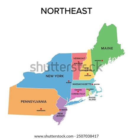 Northeast, U.S. census region, multi colored political map. Census region 1 of the United States, consisting of 9 single states. Colored silhouettes of single states with borders and their capitals.