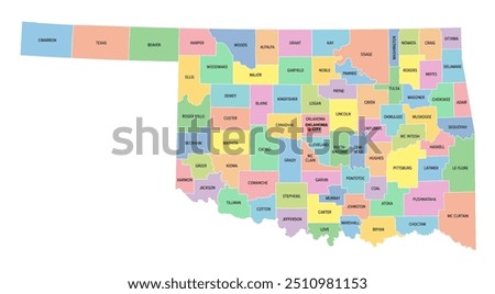 Oklahoma, U.S. state, subdivided into 77 counties, multi colored political map with capital Oklahoma City, borders and county names. State in the South Central region of United States. Native America.