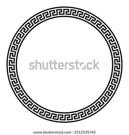 Big circle frame with seamless meander pattern. Decorative border with Greek key or also Greek fret motif, constructed from continuous lines, shaped into a repeated motif. Illustration over white.