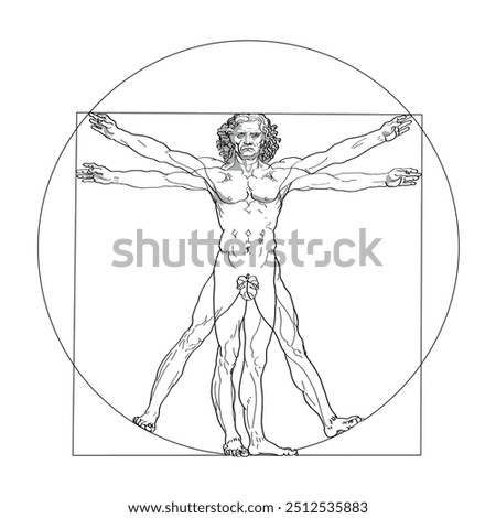 Vitruvian man, with fig leaf. Depiction of perfect human proportions with the nature, cosmos and geometry. A man in the center of a circle and a square, also a reference to the squaring of the circle.