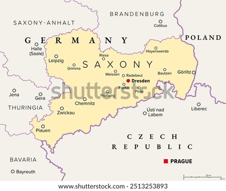 Saxony, a state in Germany, political map with capital Dresden, borders, and largest cities. Officially the Free State of Saxony, bordering the countries of Poland and Czech Republic. Illustration.