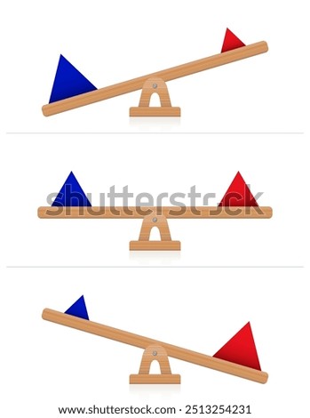 Seesaw with blue and red pyramids, balanced and unbalanced. Pyramids of different weights, sizes and colors balancing on wooden seesaws. Symbols of balance and imbalance, and of competition of forces.