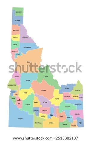 Idaho, U.S. state, subdivided into 44 counties, multi colored political map with capital Boise, borders and county names. State in the Mountain West region of the USA. Gem State, or also Potato State.