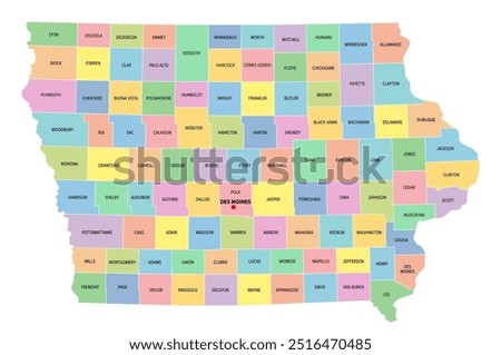 Iowa, U.S. state, subdivided into 99 counties, multi colored political map with capital Des Moines, borders and county names. Midwestern region of the United States, nicknamed The Hawkeye State.