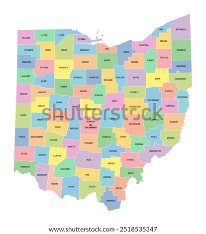 Ohio, U.S. state, subdivided into 88 counties, multi colored political map with capital Columbus, borders and county names. State in the Midwestern region of USA. Buckeye State, and Heart Of It All.